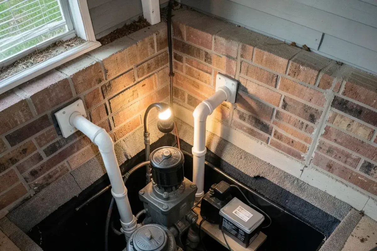 Primary sump pump and battery backup pump sharing a pit in a finished Chesterfield Township basement