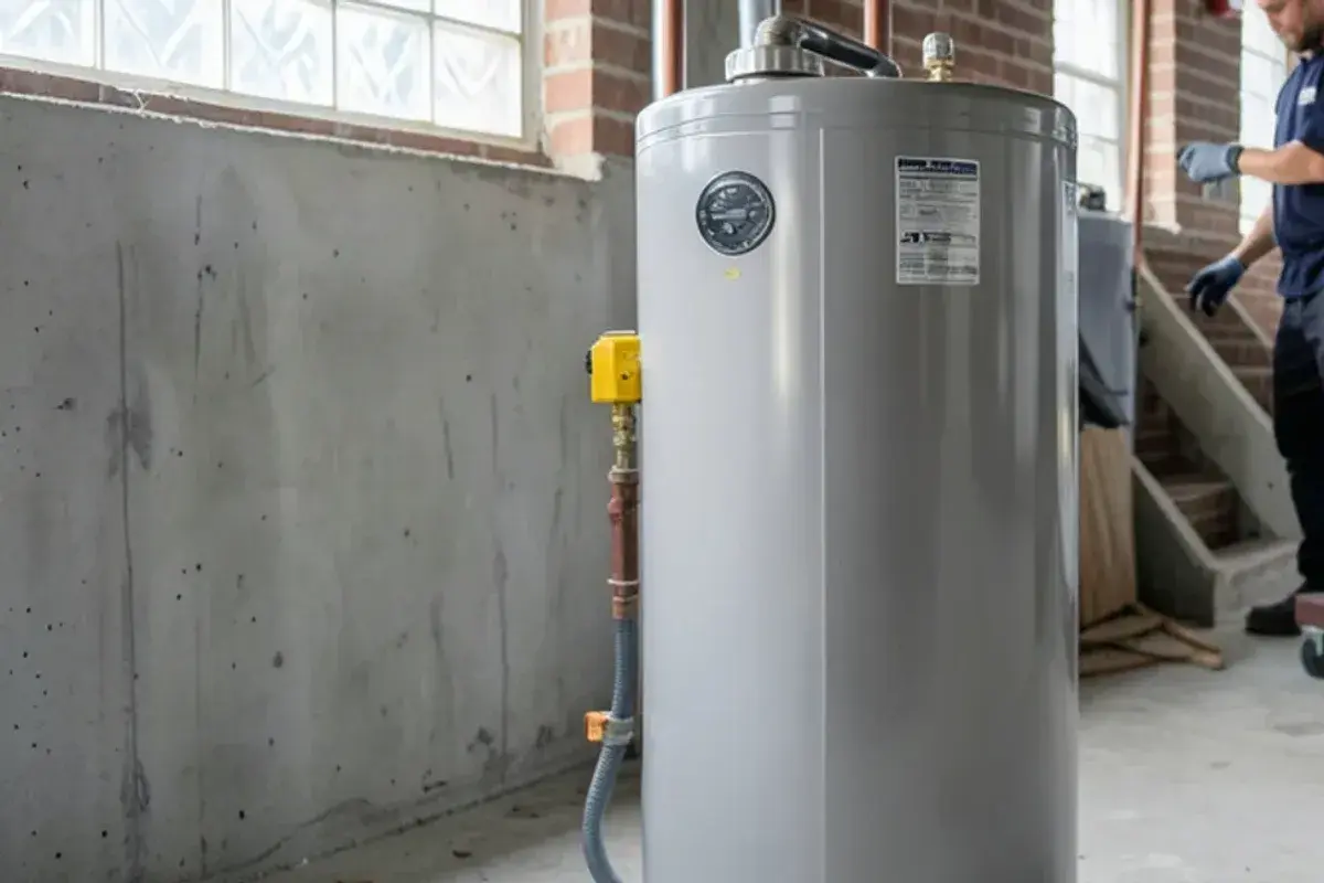 New gas water heater with a thermal expansion tank in a 1990s Chesterfield Township basement