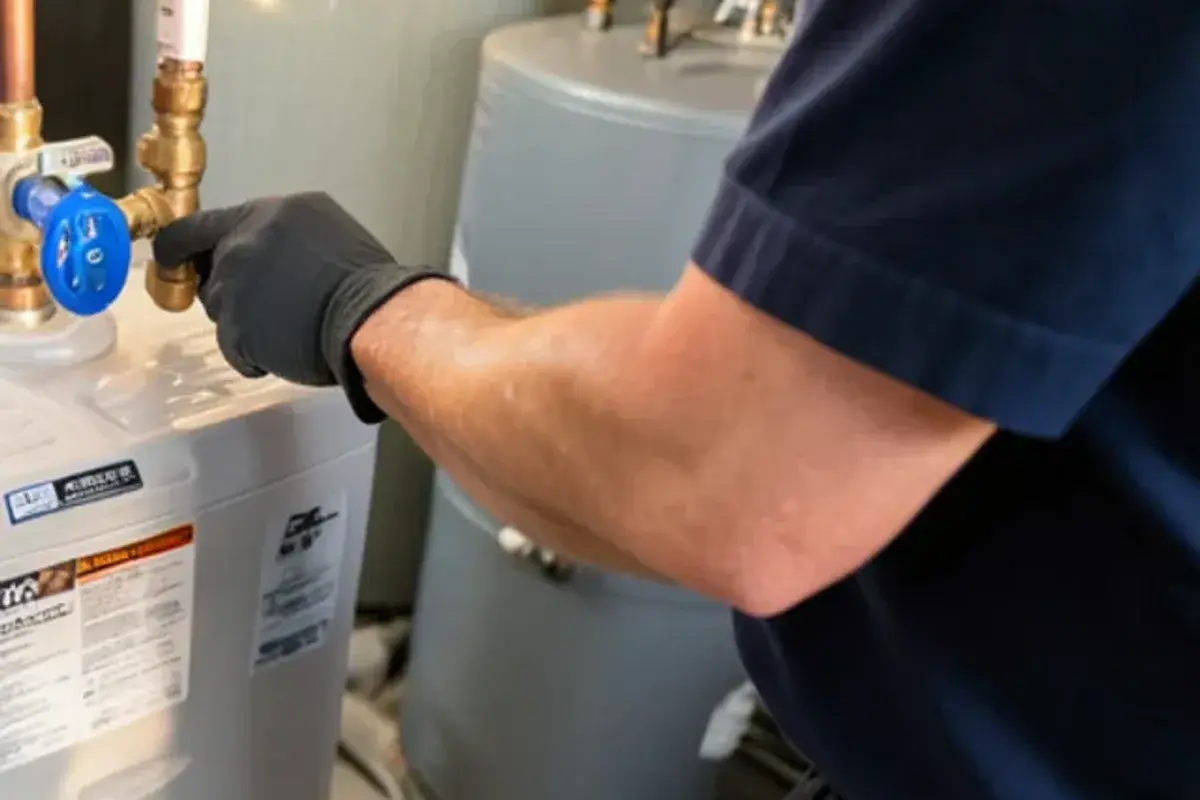 Water softener with its bypass valve installed next to the water heater in a Chesterfield Township basement