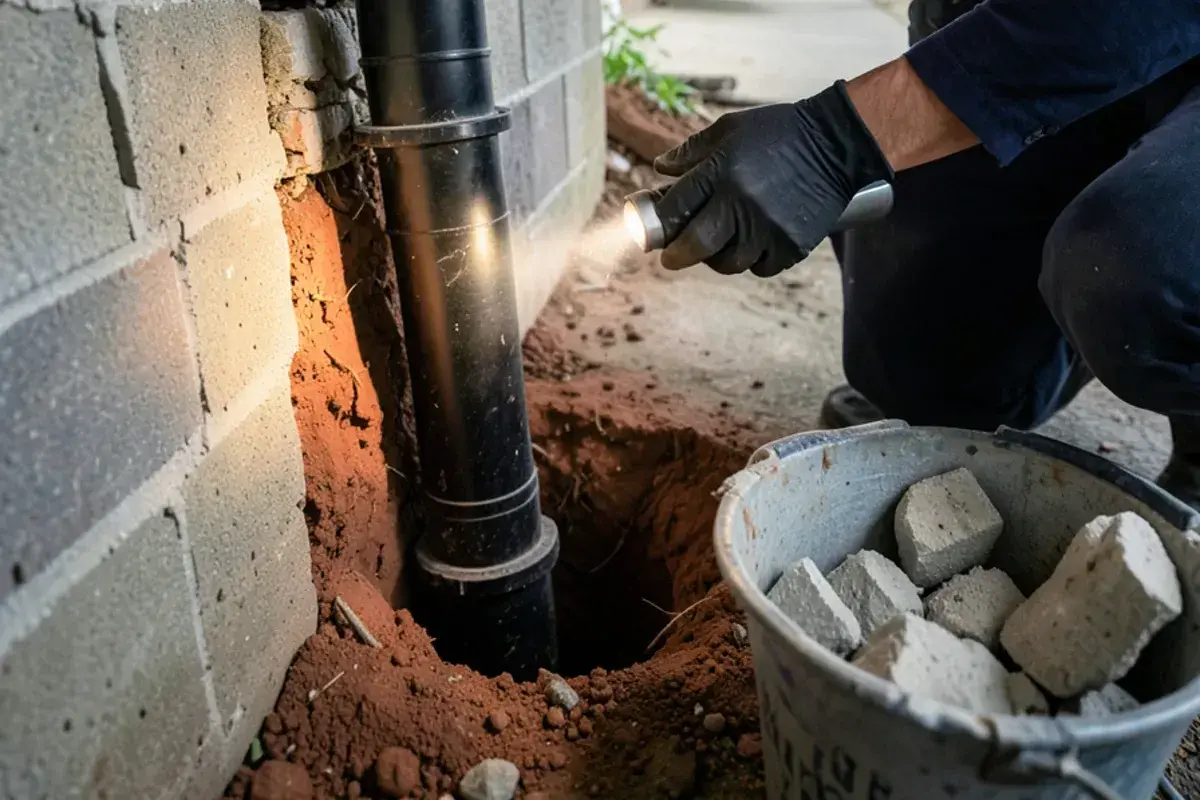 Cast iron building drain meeting the clay sewer lateral at the front wall of a 1950s Eastpointe basement