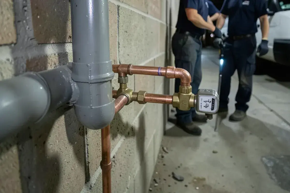 Dull gray lead service pipe next to a new copper water line at the meter in an Eastpointe basement