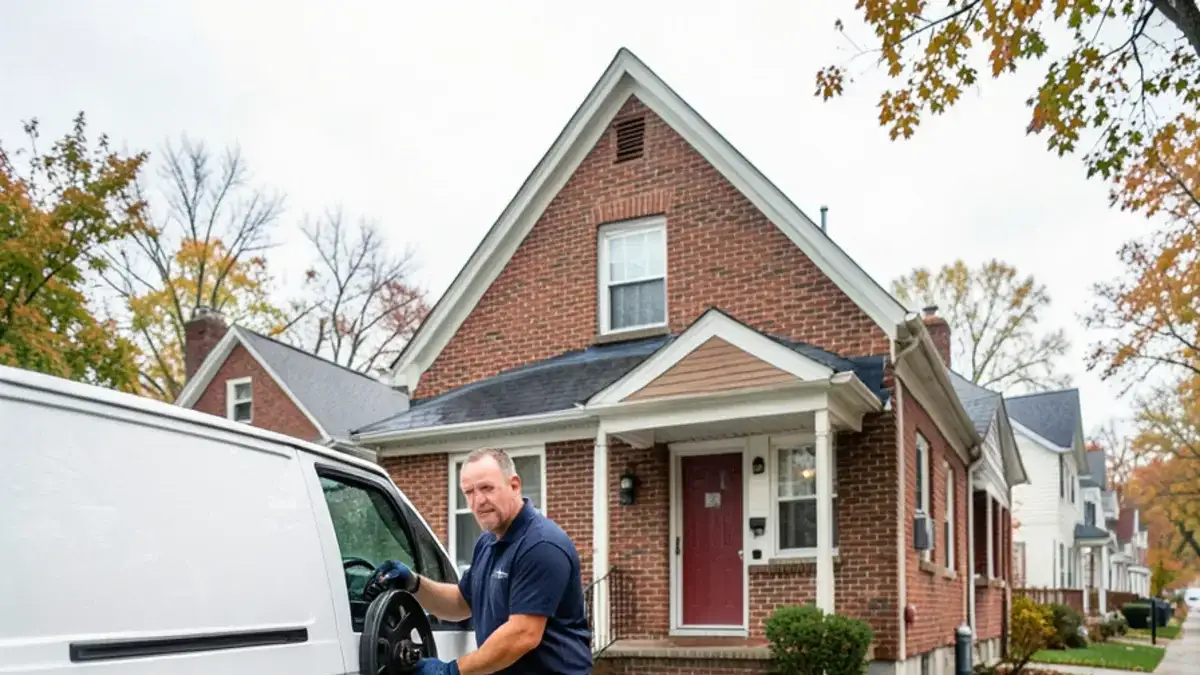 Plumber unloading a sewer camera reel beside a 1940s brick bungalow on a wet Eastpointe street in October