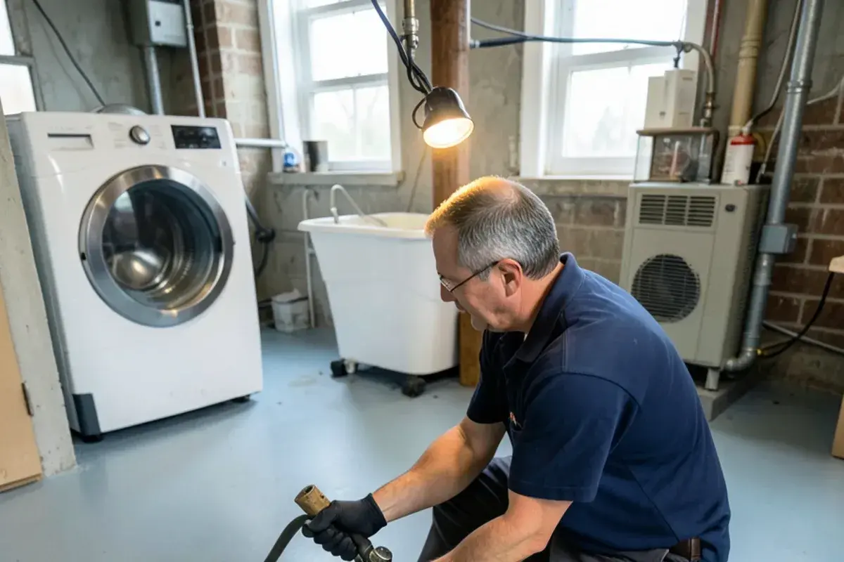 Plumber feeding a sectional drain cable into a basement floor cleanout in a Fraser ranch house