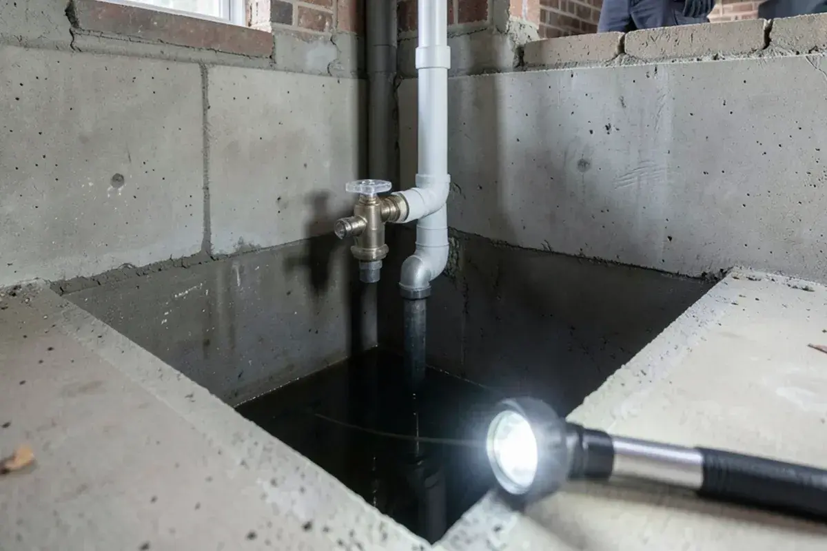 New sump pump and check valve in the corner pit of a poured Fraser basement