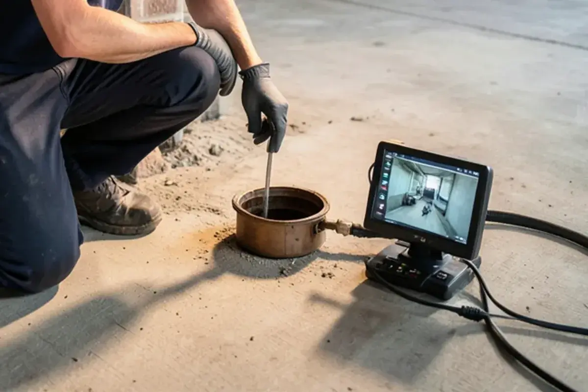Sewer camera monitor beside an open cast-iron cleanout in a 1960s ranch basement