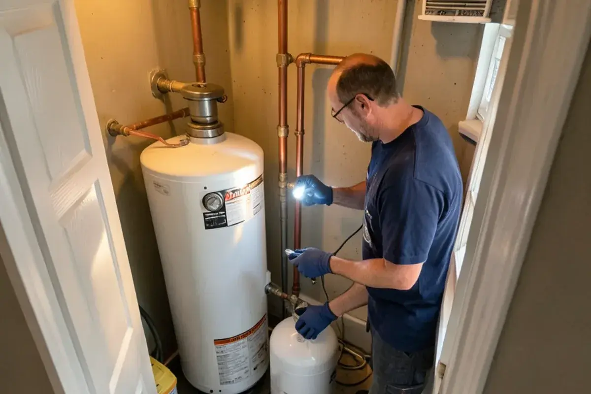 New gas water heater with an expansion tank in a condo utility closet