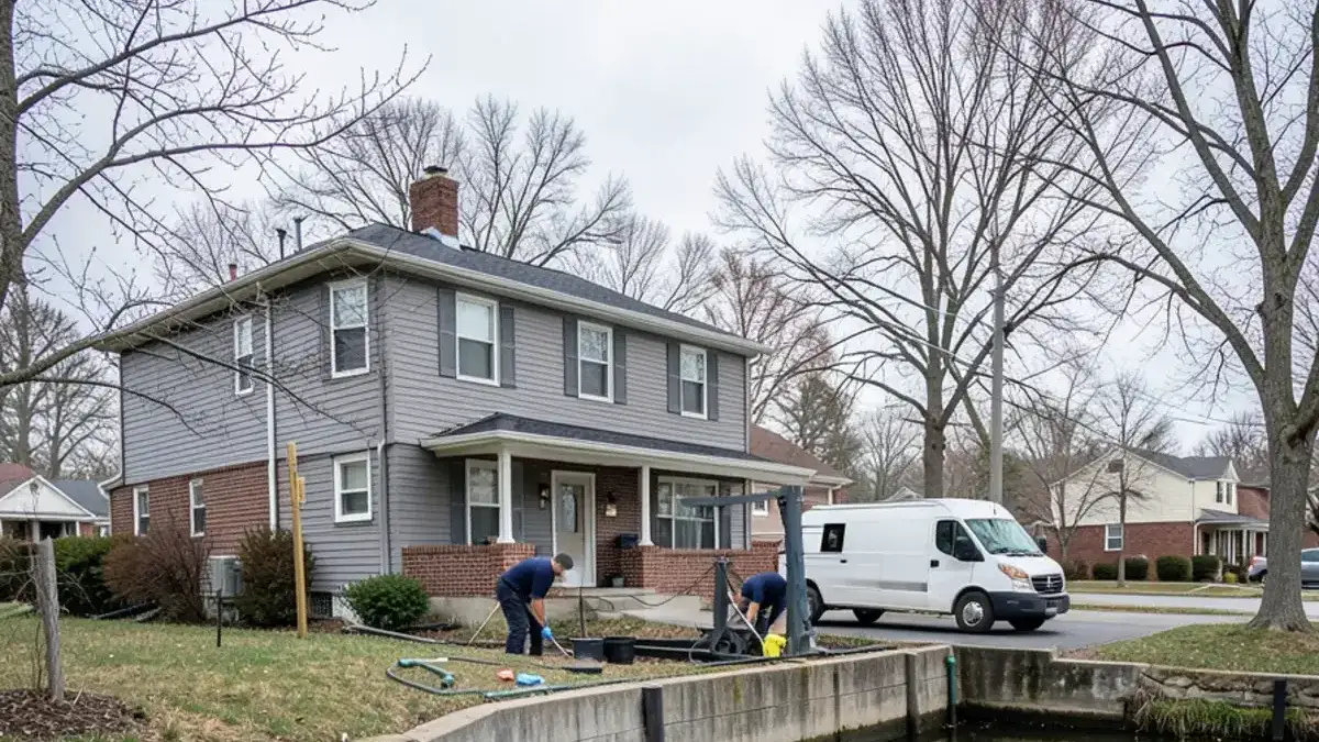 Plain white plumbing van outside a two-story canal home in Harrison Township with high spring water near the seawall