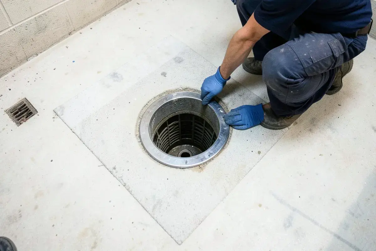 Clear access cover of a backwater valve set into the concrete floor of a Roseville basement