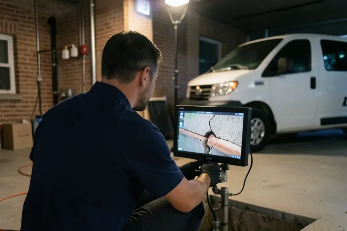 Camera monitor showing a cracked clay sewer joint during a lateral inspection in St. Clair Shores
