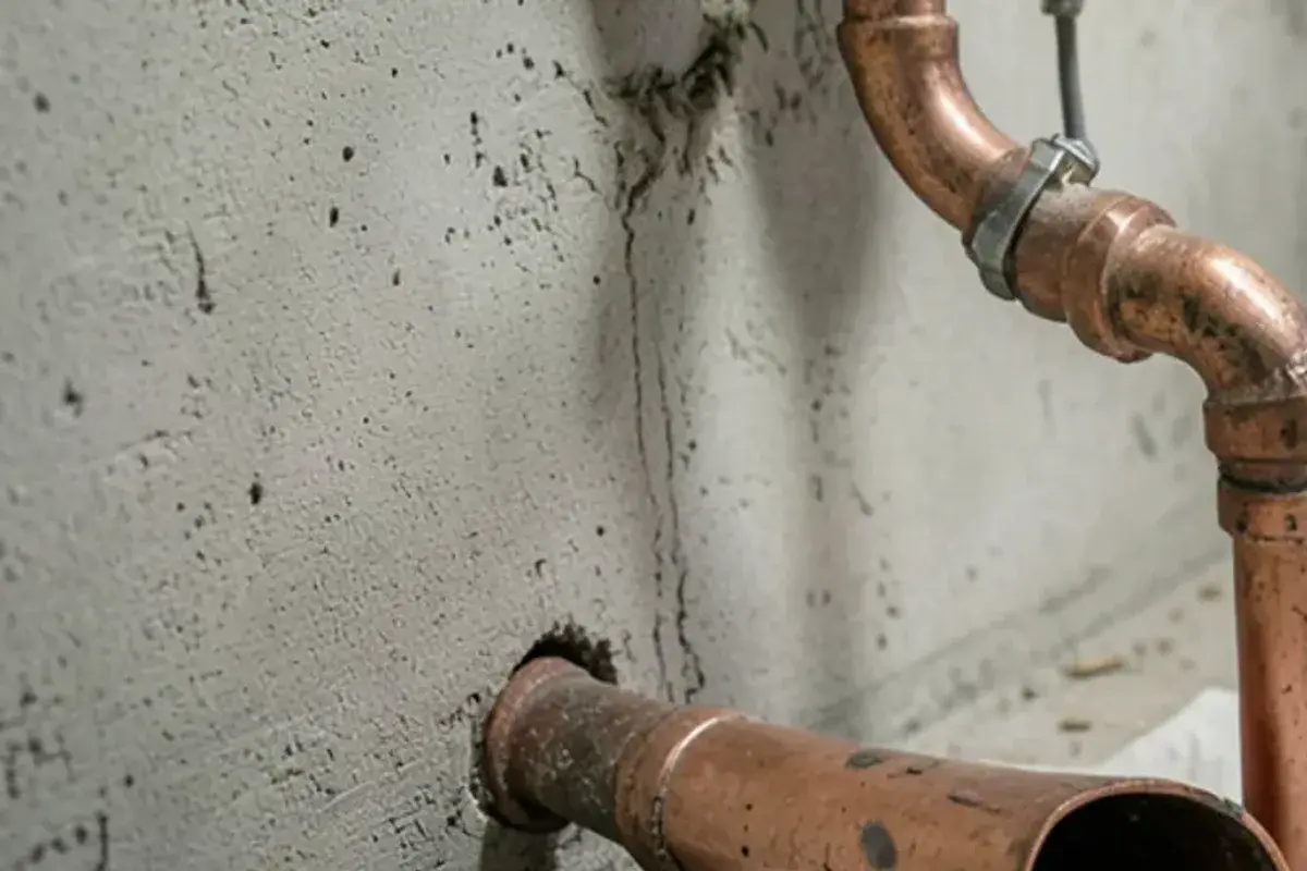 New copper water service entering a 1950s St. Clair Shores basement wall beside the water meter