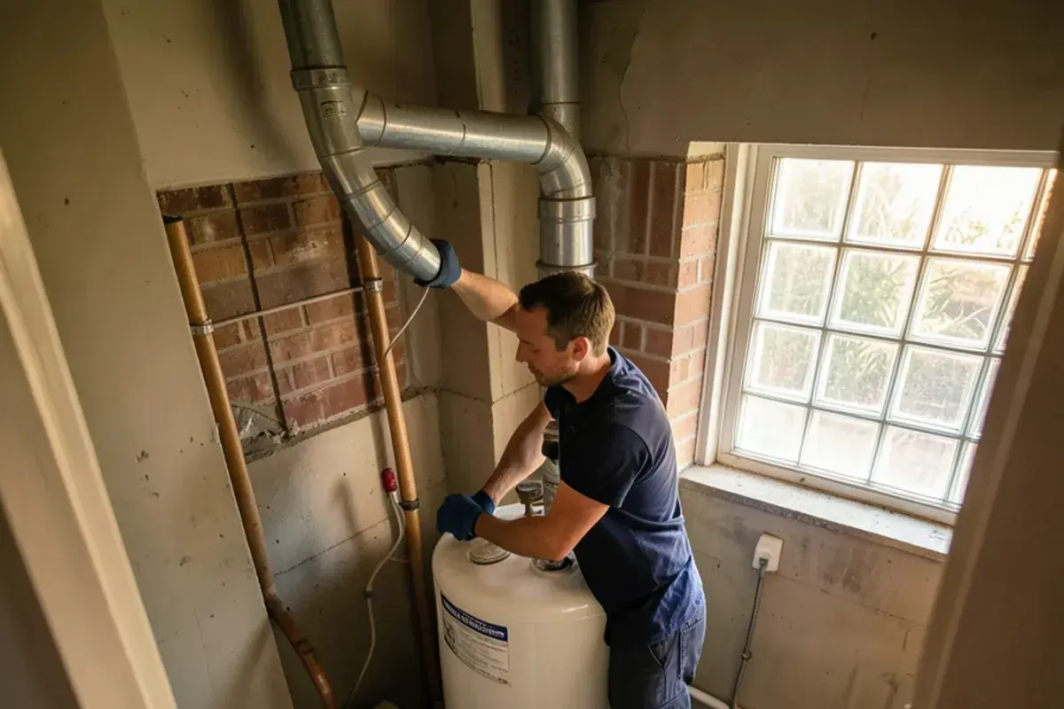 Plumber setting a replacement gas water heater in a tight bungalow basement corner in St. Clair Shores