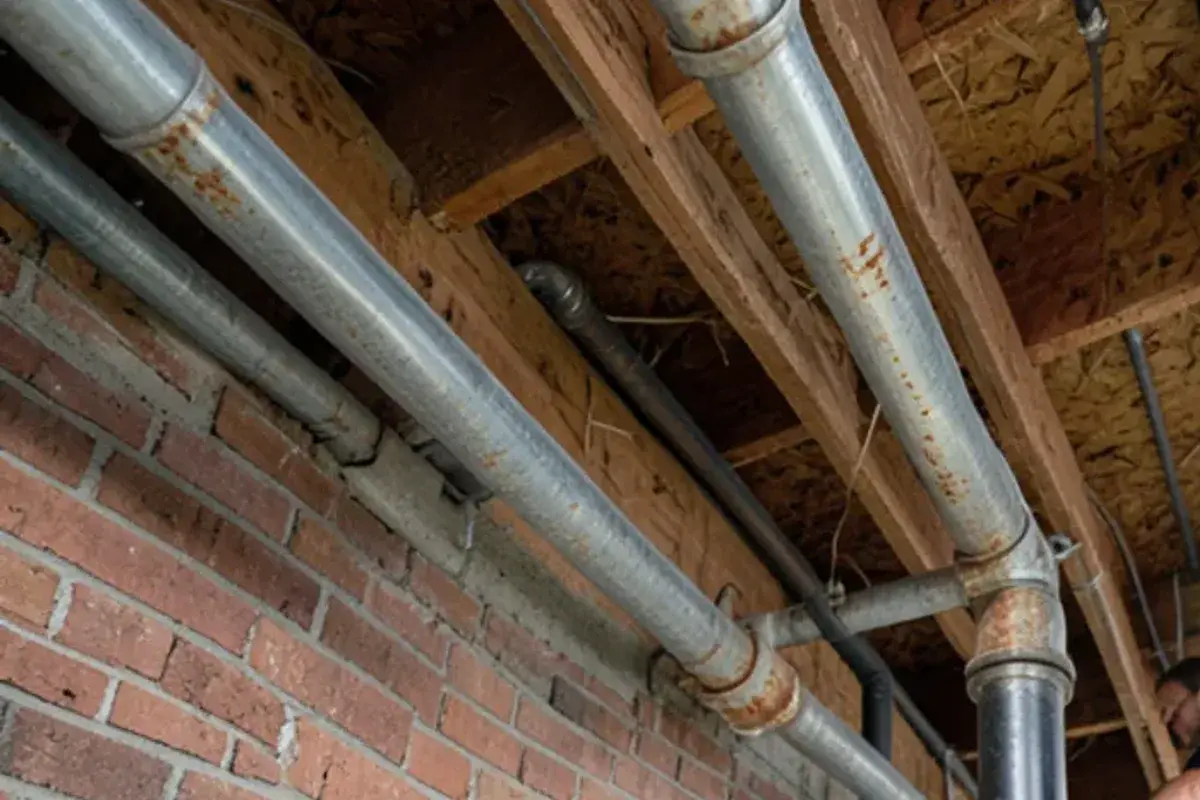 Rusty galvanized water branches beside a black cast iron drain stack in an unfinished Warren basement