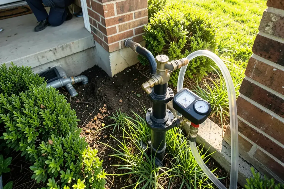 Backflow test kit connected to a lawn irrigation vacuum breaker beside a brick ranch in Warren