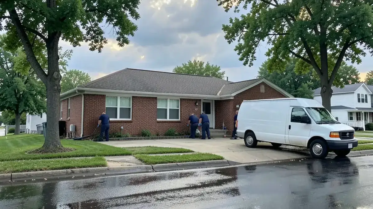 White plumbing van parked beside a 1960s brick ranch in Warren on a wet street after a summer storm