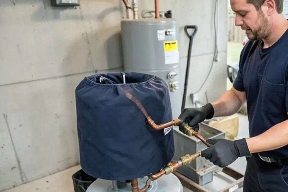 Plumber connecting a replacement gas water heater in a poured-concrete subdivision basement