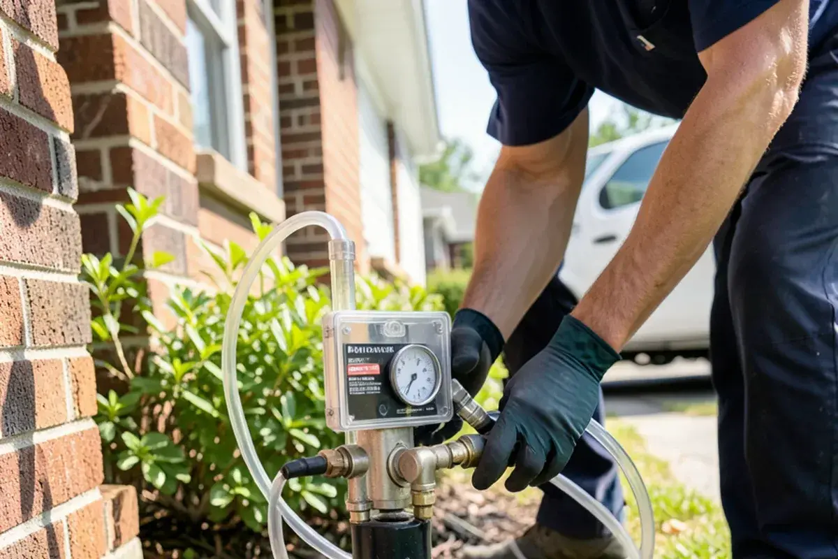 Backflow test kit hoses attached to a lawn irrigation vacuum breaker beside a brick foundation