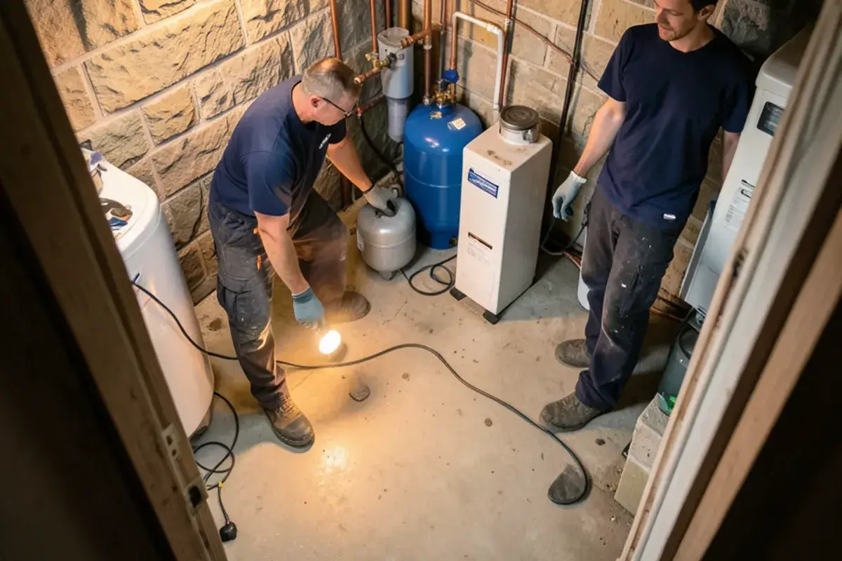 Water softener and sediment filter beside a well pressure tank in an older rural basement