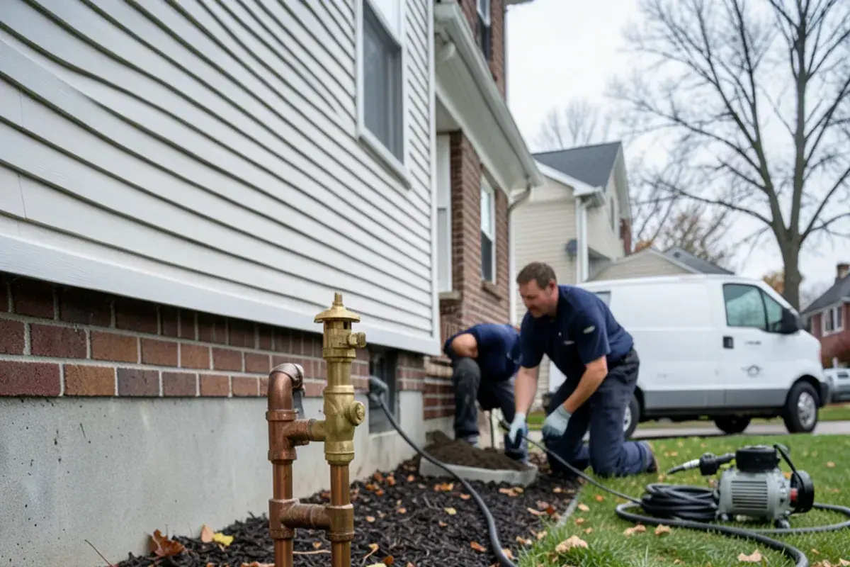 Sprinkler system backflow preventer beside a house foundation with fallen leaves around it