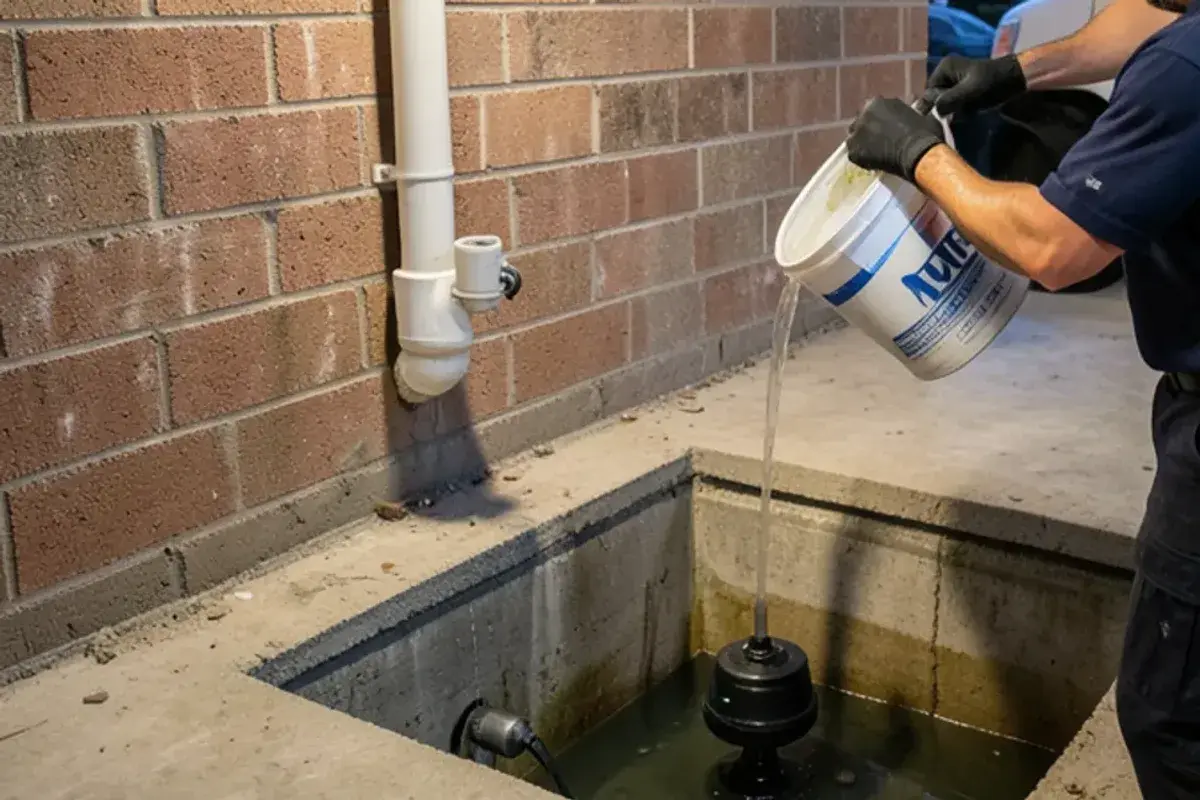Bucket of water being poured into a basement sump pit to lift the pump float