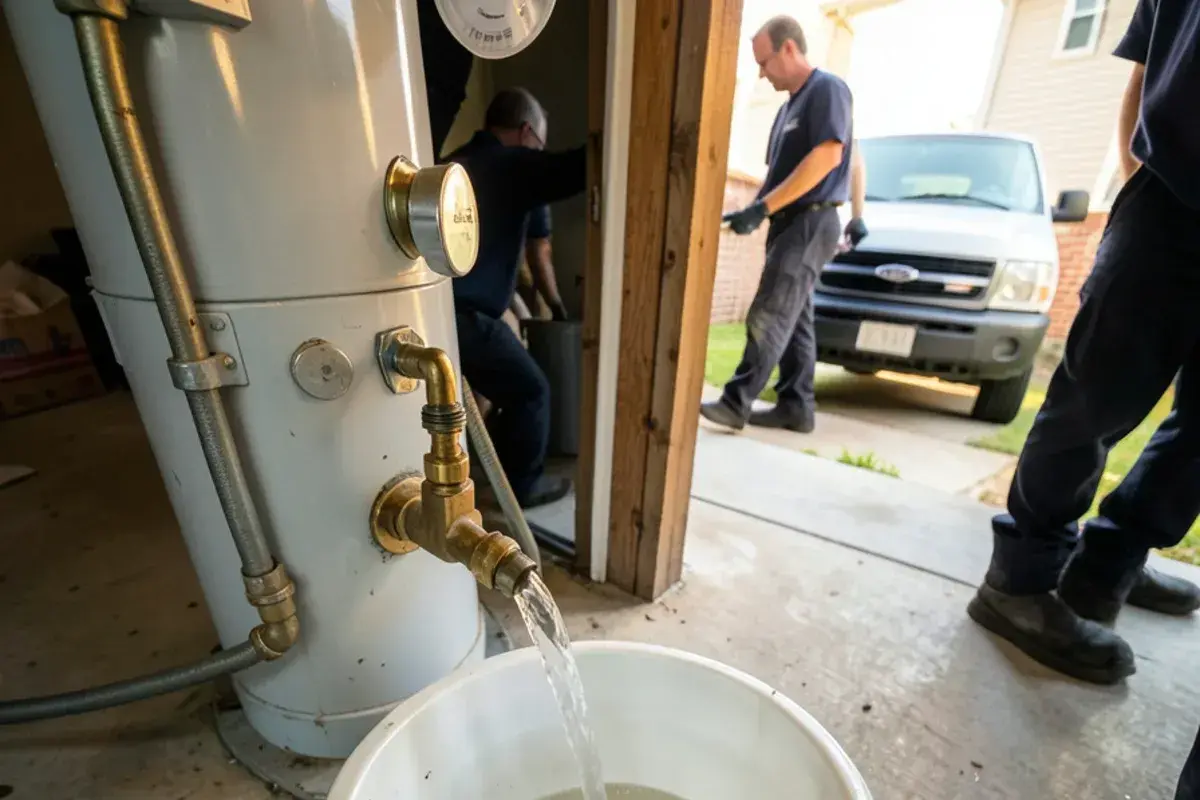 Water draining from a water heater drain valve through a short hose into a bucket