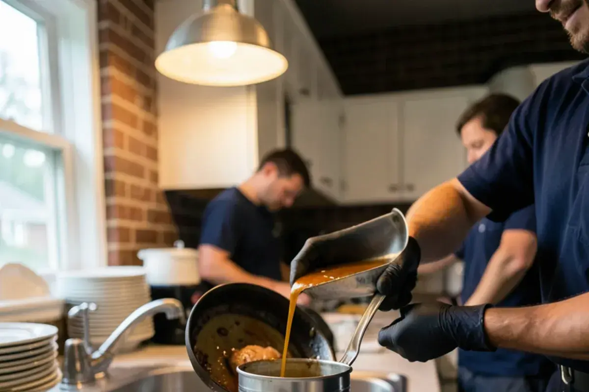 Roasting pan drippings poured into a metal can on a kitchen counter instead of the sink