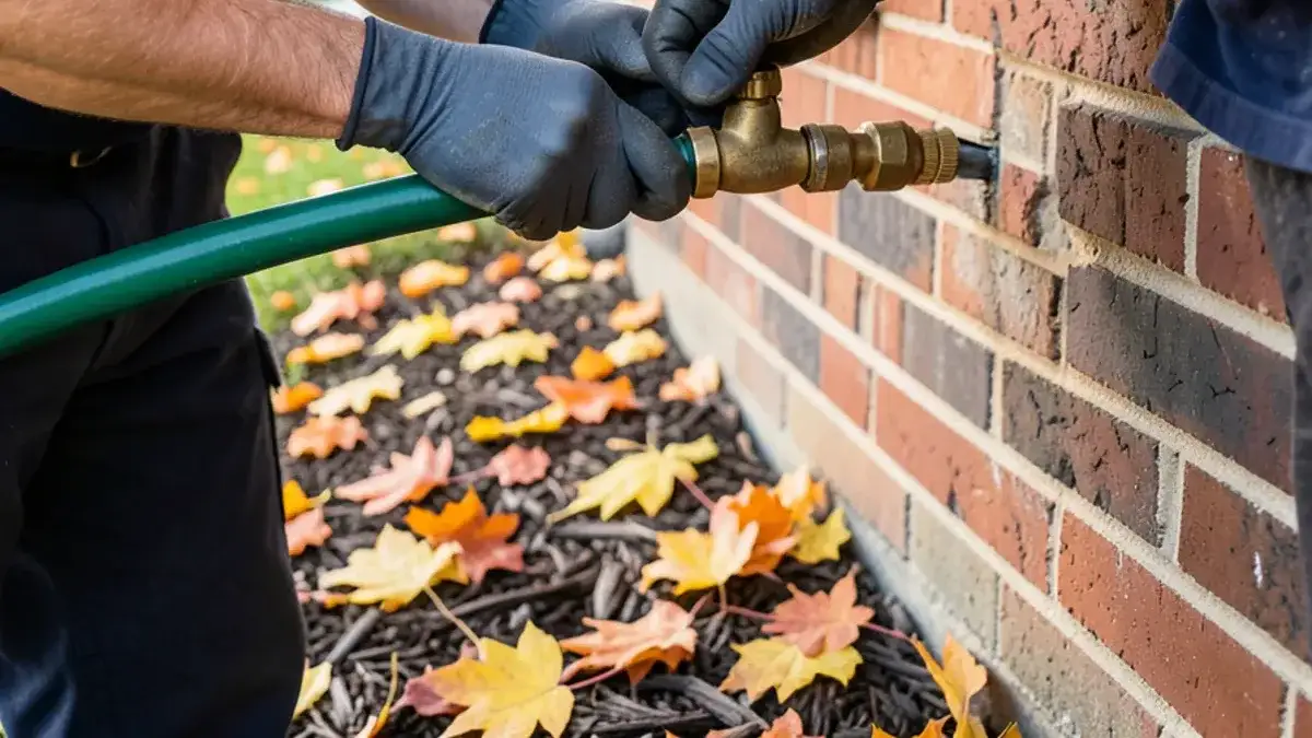 Garden hose being unscrewed from an outdoor spigot on a brick wall with fall leaves on the ground
