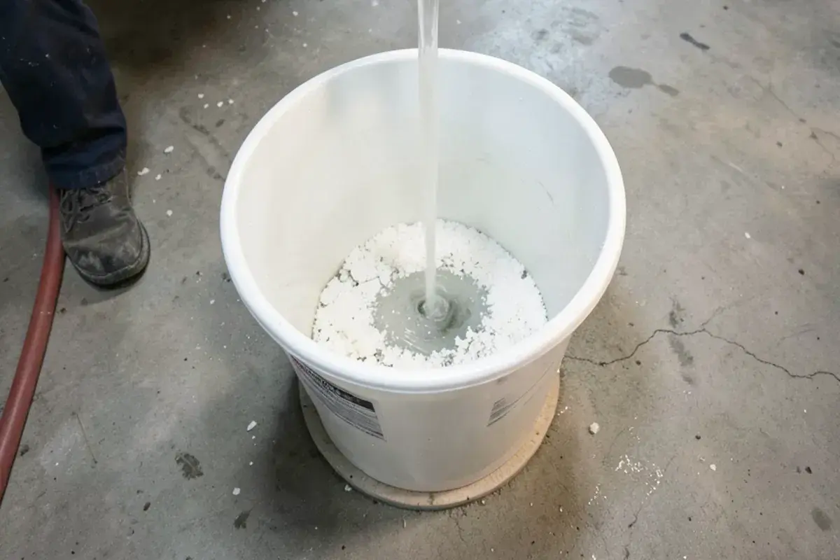 Bucket of cloudy water with white mineral sediment flushed from a water heater drain valve