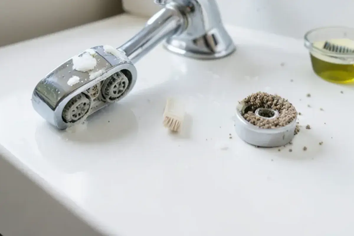 Showerhead and faucet aerator with clogged nozzles from mineral scale on a bathroom counter