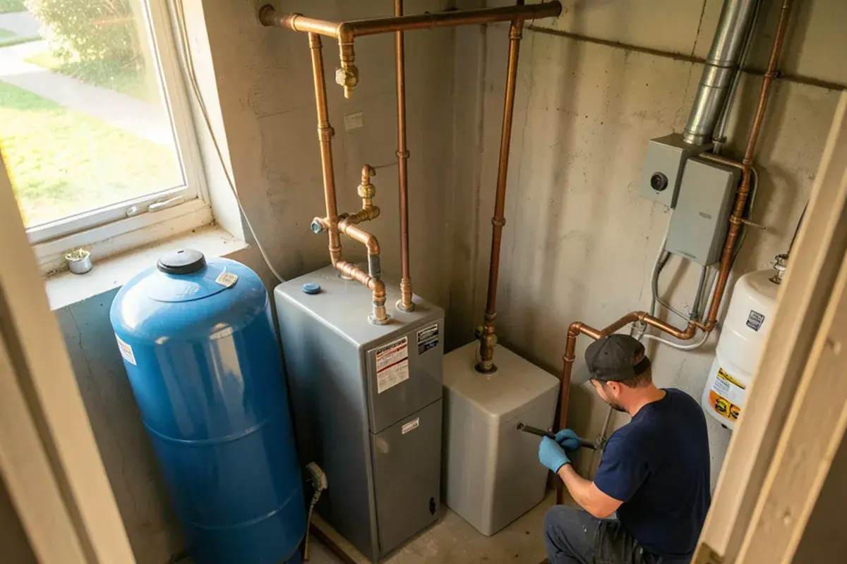 Water softener resin tank and brine tank installed beside a basement water heater