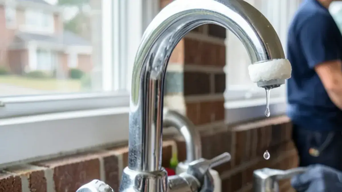 White mineral scale around a chrome kitchen faucet aerator in a Macomb County home