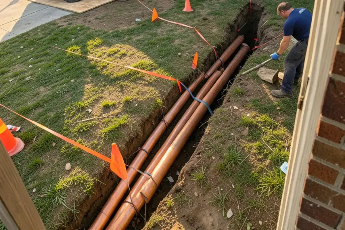 New copper water service line laid in a trench from the curb toward a house during replacement
