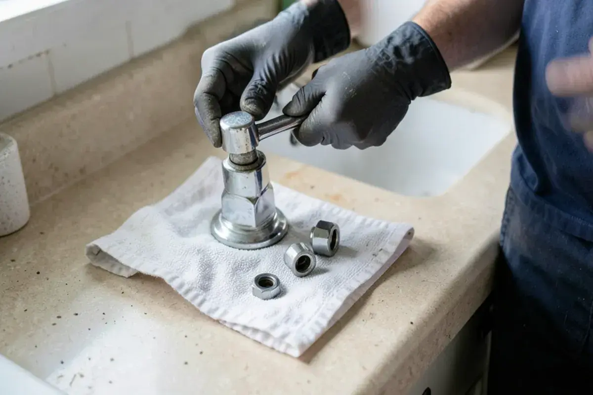 Hands removing a worn faucet cartridge from a kitchen faucet body during a repair