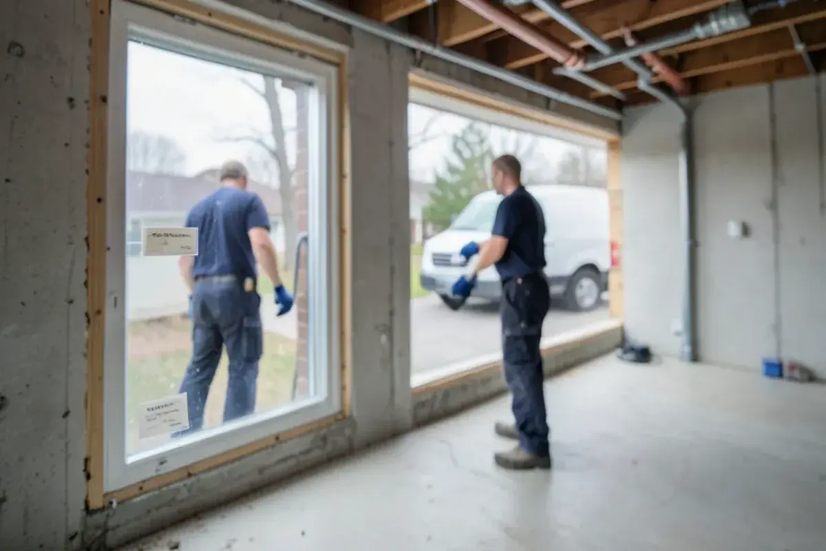 Plumbing permit card taped inside a basement window during a repiping job