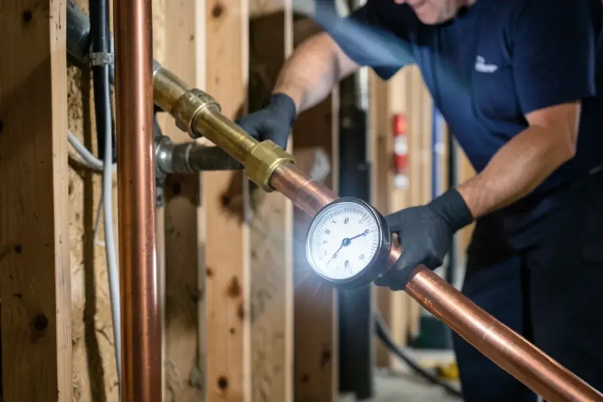 Pressure gauge on new water piping during a rough-in plumbing inspection