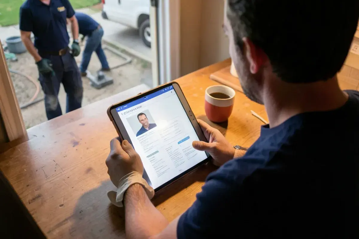 Homeowner checking a plumbing contractor's license on a state lookup page on a tablet