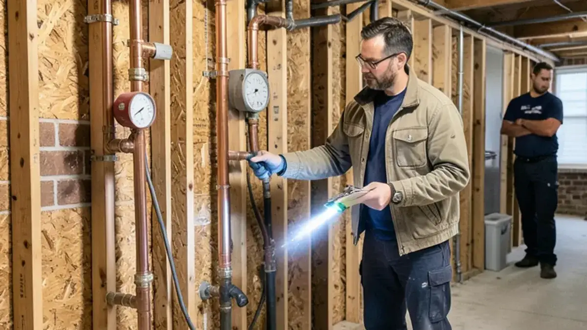 Building inspector checking new copper rough-in plumbing in open basement walls before drywall