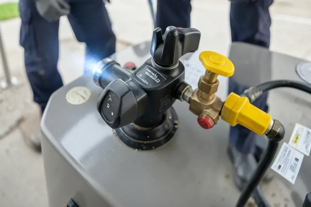 Gas control valve on a water heater with the knob set to vacation and a temperature dial