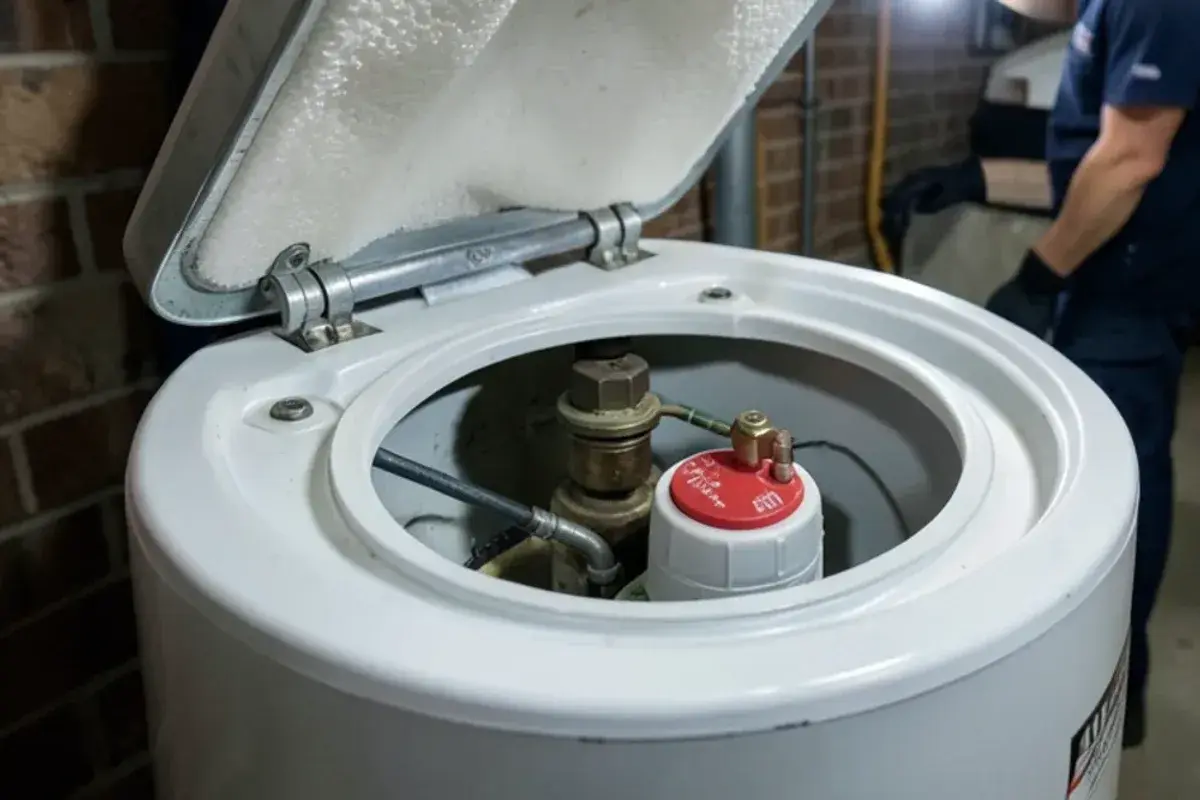 Red high-limit reset button on the upper thermostat of an electric water heater with the panel removed