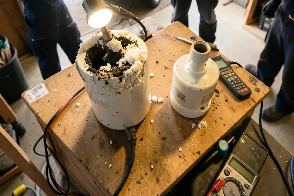 Electric water heater heating element coated in white scale held next to a new element