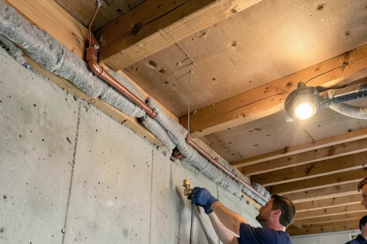 Foam pipe insulation on a copper line running along the rim joist of a basement ceiling