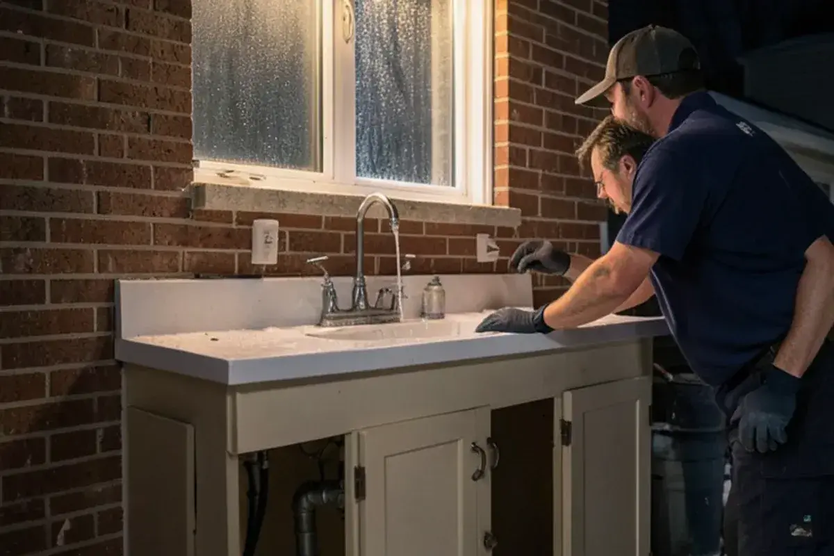 Kitchen sink cabinet doors open on an exterior wall with a faucet running a thin stream on a winter night