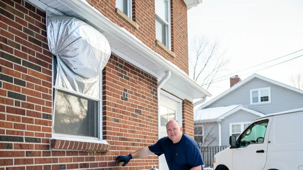 Brick ranch house in fresh snow with a foam cover on the outdoor faucet beside a basement window