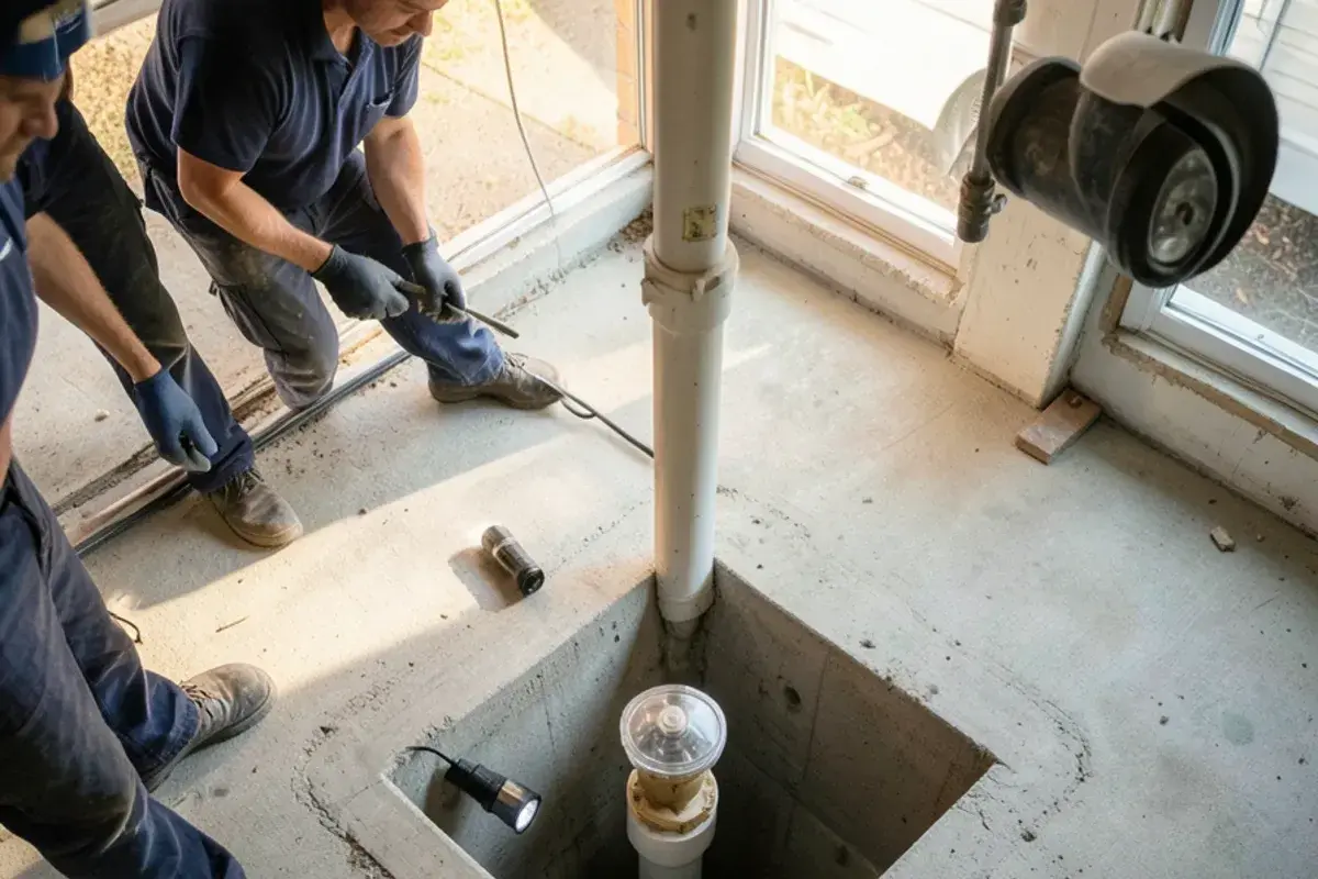 Open access box in a basement floor showing a backwater valve on the main sewer line