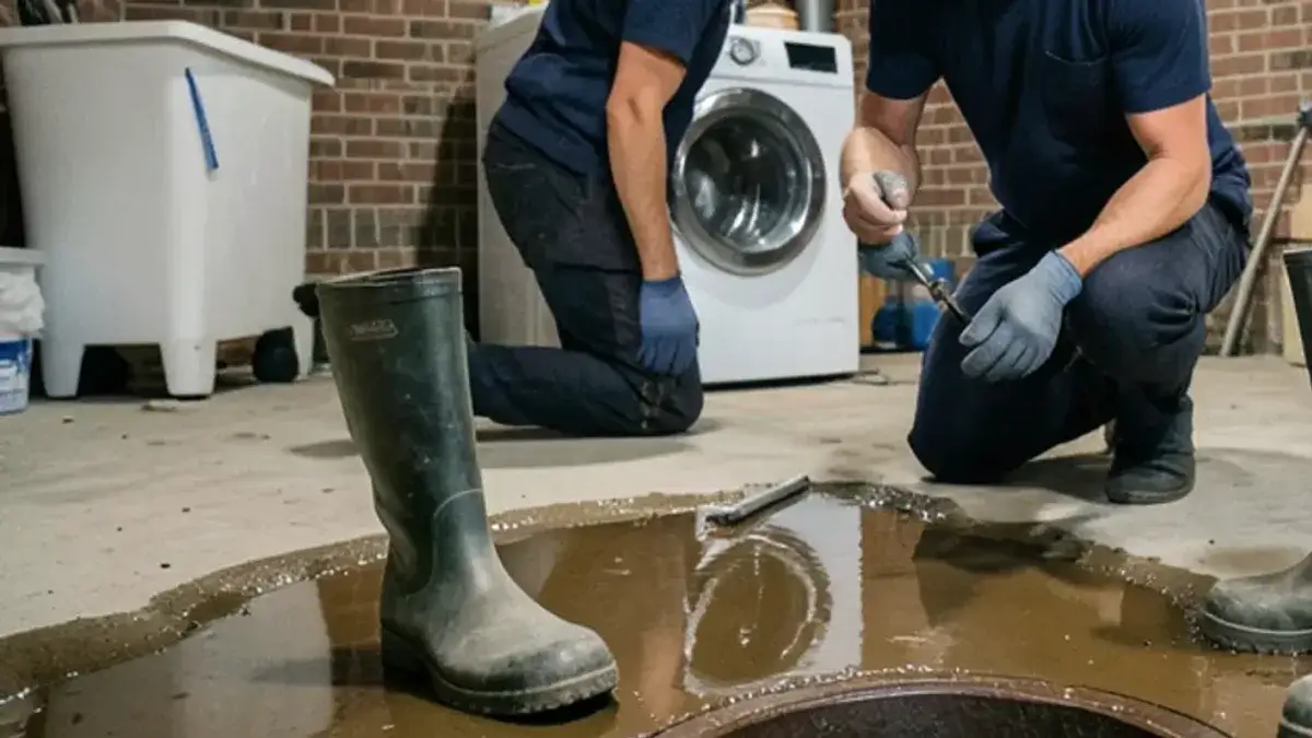 Dark sewage pooled around a basement floor drain with rubber boots standing at the edge