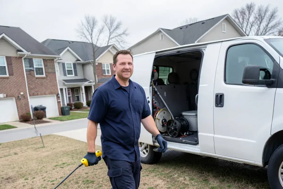Plumber holding a locator wand over a lawn to trace a sewer camera head and mark lateral depth
