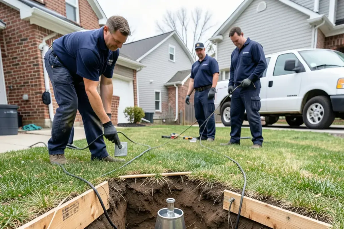 Pipe bursting launch pit with a cone-shaped bursting head and new black HDPE sewer pipe