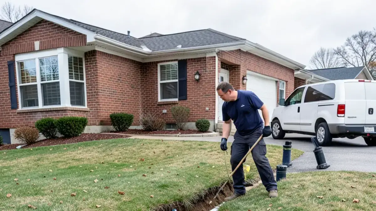Open trench in a front yard exposing an old clay sewer lateral beside a new white PVC pipe in Macomb County