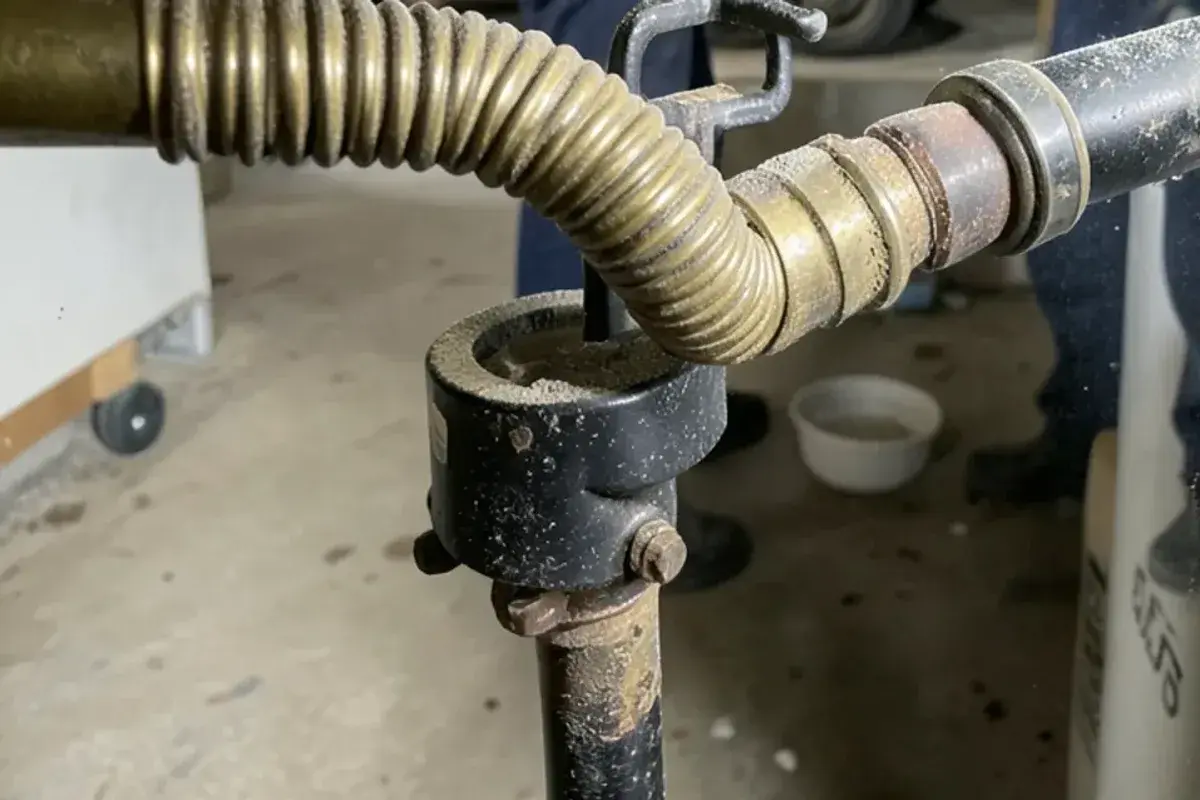 Old uncoated brass flexible gas connector with a sharp kink behind a water heater