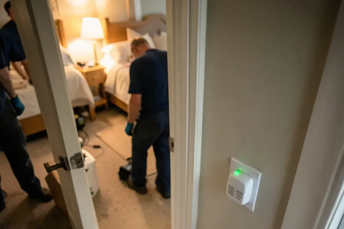 Plug-in carbon monoxide alarm in a hallway outlet outside bedroom doors