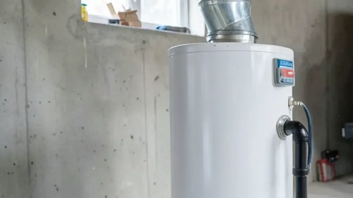 Gas tank water heater in an unfinished basement with its yellow flexible gas connector and shutoff valve